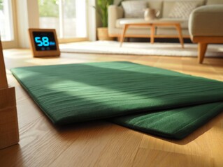 Cozy green rug warmth with digital timer in living room
