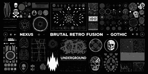 Brutal retro fusion gothic nexus underground abstract design elements and icons collection © MituRani