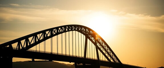 Sleek, dark bridge silhouette against a bright sky, modern, graphic