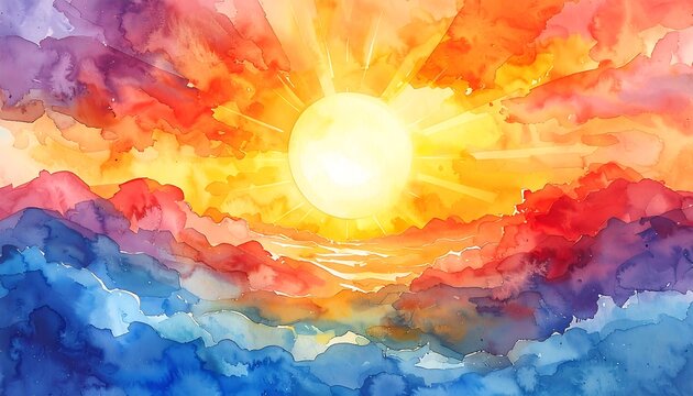 A watercolor painting features a radiant sunburst atop colorful clouds. Hues blend, evoking warmth and energy