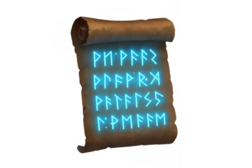Ancient scroll showing glowing neon runic script, magical parchment with viking-inspired symbols