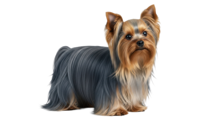 Adorable Yorkshire Terrier dog with luxurious fur posing elegantly, perfect for pet lovers and branding