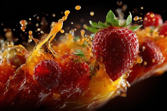 Fresh strawberries and raspberries with juice splash on dark background. Showcase the freshness and vibrant nature of summer fruit desserts.