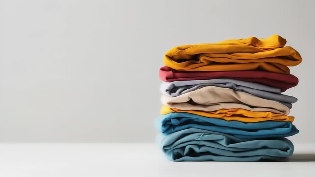 A tall, vertical stack of folded, colorful clothing items resting on a clean white surface with a plain light gray wall behind.