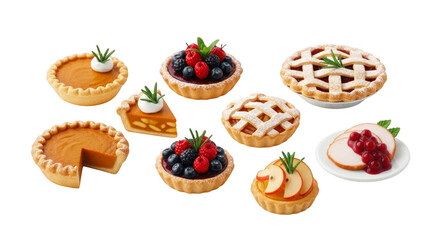 Assortment of delicious mini pies and tarts with fresh fruit toppings isolated on transparent background