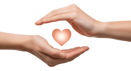 Hands cradling a glowing heart symbolizing care and protection.