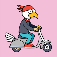Cute cartoon bird riding retro scooter vector illustration