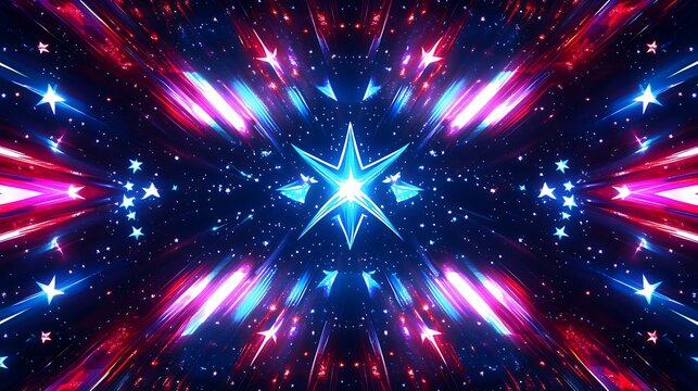 Symmetrical glowing blue star abstract pattern with red and purple lights

