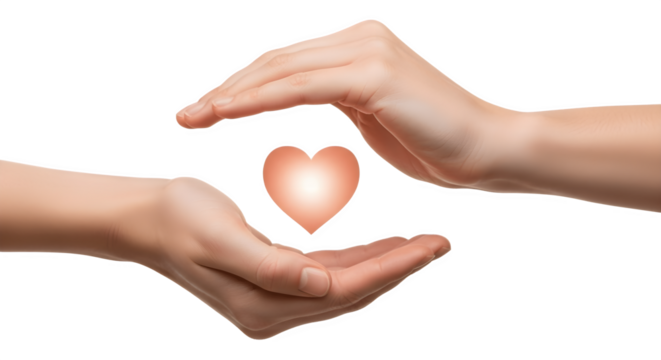 Hands cradling a glowing heart symbolizing care and protection.