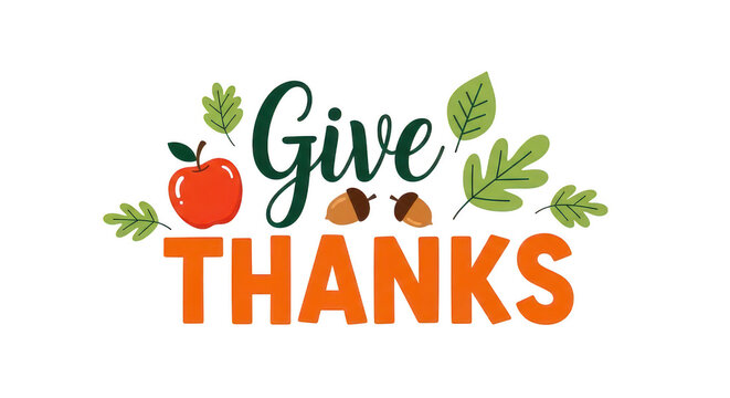 Give thanks text with autumn leaves and apple isolated on transparent background