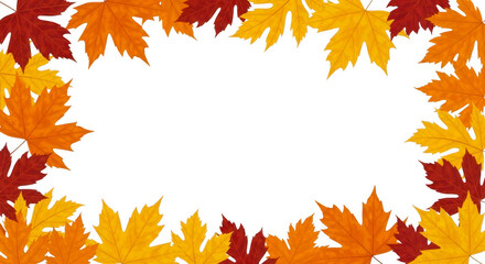 Frame of colorful autumn maple leaves forming a border on a black background isolated on transparent background