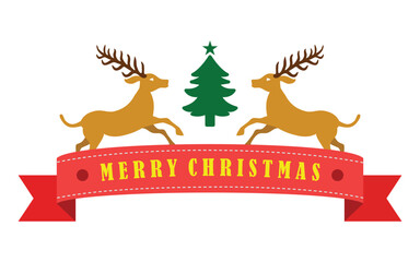 Ribbon element of Merry Christmas greeting card with deer and pine tree icon in above