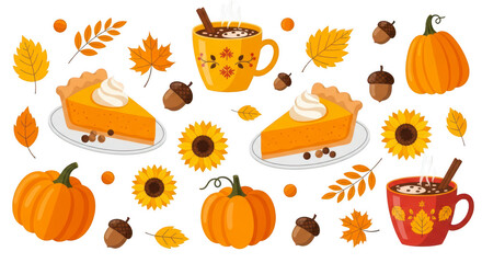 Cozy autumn harvest thanksgiving food and drink elements with pumpkins pie and hot beverages isolated on transparent background
