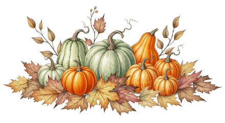 Naklejka premium Autumn harvest arrangement of colorful pumpkins and fall leaves isolated on transparent background