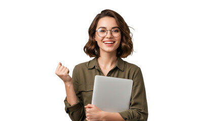 Naklejka premium Excited young professional woman celebrates success holding a laptop, radiating confidence and achievement in a modern setting.