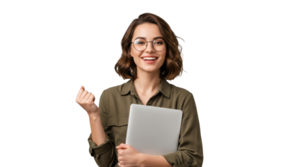 Excited young professional woman celebrates success holding a laptop, radiating confidence and achievement in a modern setting.