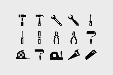 Obraz premium Black tool icons hammer wrench screwdriver pliers paint roller tape measure saw vector