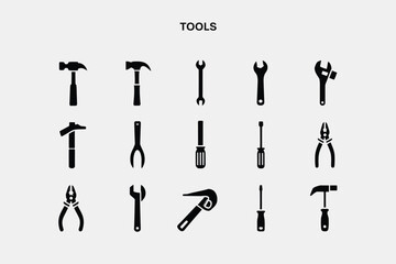 Obraz premium Black tool icons hammer wrench pliers screwdriver tools