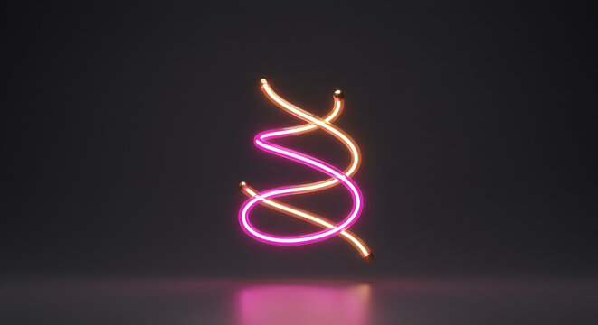 Abstract glowing dna helix structure with pink and orange neon lights on dark surface
