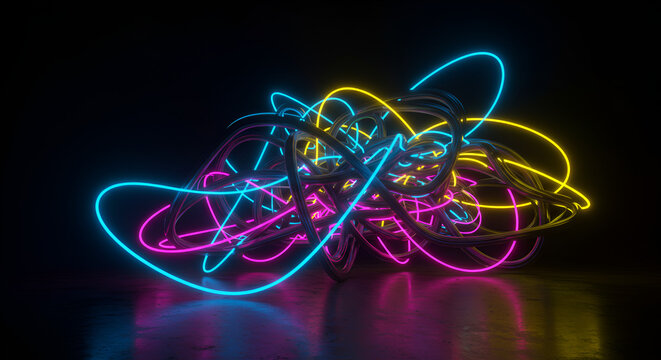 Abstract glowing light trails with neon colors on a dark reflective surface
