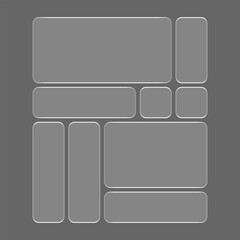 Glassmorphism style photo collage grid template. Blank photorealistic frame set with rounded corners and soft lighting on a gray background. Vector illustration