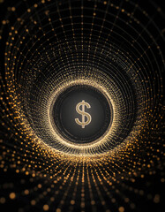 A dynamic vortex or spiral of numerous data points (small spheres) funneling directly into a single digital dollar sign ($)