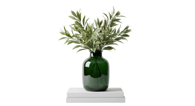 Elegant green glass vase with lush green and white variegated leaves, a modern decorative accent for serene home or office spaces.
