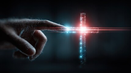 Finger Touching Blue Light, Digital Cross, Futuristic Technology