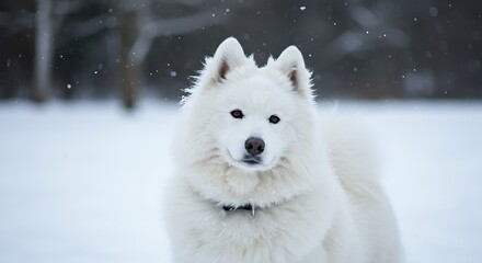 Fototapeta premium A beautiful white Samoyed dog in a snowy landscape during winter.