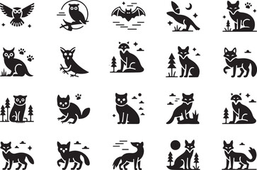 Night Animals and Forest Icons Silhouette Collection