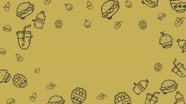 Food icons like burgers, drinks, and vegetables over a gold background. Perfect for menu designs, food blogs, and restaurant marketing materials.