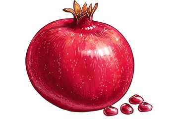 A Ripe Red Pomegranate Fruit with Seeds on a White Background.