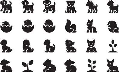 Obraz premium Puppy, Chick, and Plant Icon Set bird