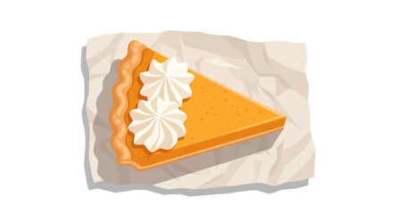 A delicious slice of pumpkin pie topped with whipped cream, served on a crumpled paper napkin.
