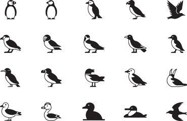 Fototapeta premium Seabird and Penguin Silhouettes Collection Keywords: penguin, puffin, auk, seabird, bird icons