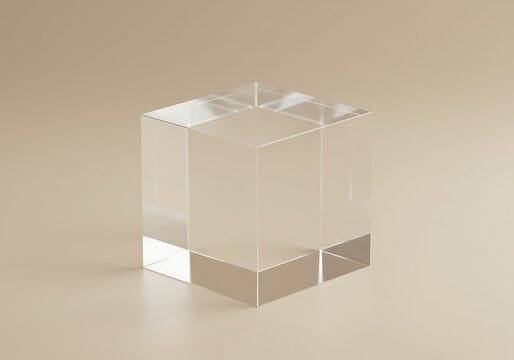 Abstract clear cube on a beige background with subtle shadows reflecting