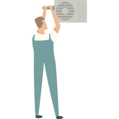Male technician in teal overalls and white shirt installing a beige air conditioner unit against a clean white background illustration