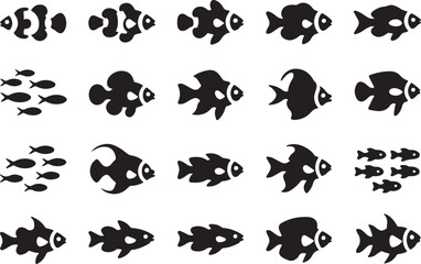 Obraz premium Various Black Fish Icons and Schools silhouette symbol