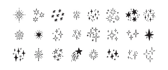 Star Shine Sparkle Hand Drawn Doodle set. Glitter Icon