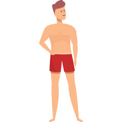 Naklejka premium Male figure with tanned skin and muscular physique wearing red swim shorts standing confidently with one hand on hip against a white background