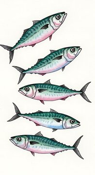 A beautiful vintage style illustration of five mackerel fish swimming.