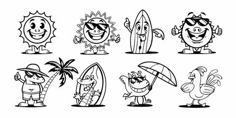 Collection of eight cheerful cartoon characters enjoying summer vacation activities in black and white line art