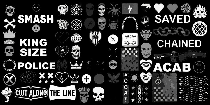Collection of gothic and punk rock style icons and text elements on black background