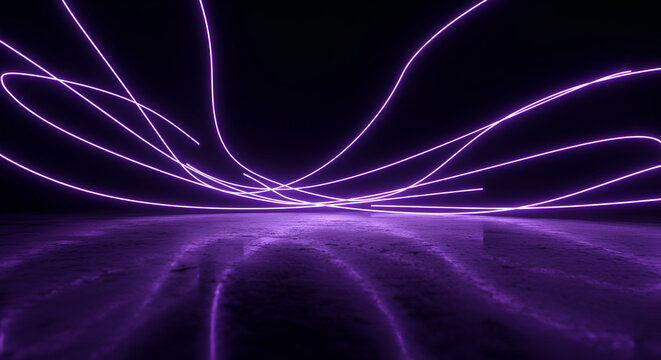 Futuristic purple neon light trails abstract background and reflection surface