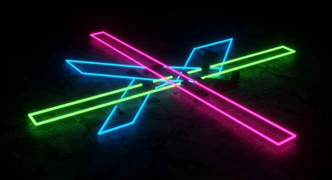 Geometric neon lights create an abstract and futuristic illuminated design