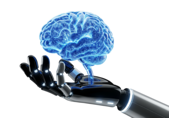 Robotic Hand Holding Glowing Digital Brain PNG