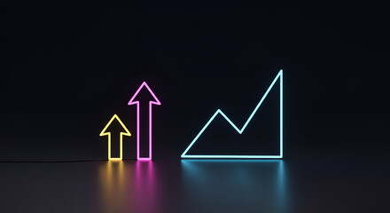 Neon illuminated financial graph chart with growth arrows over a black background