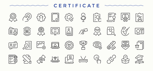 Certificate icon set. Control modern icon set. Contains such symbols as assurance, checklist, check, control, standard, quality and more. Editable stroke. Vector collection.