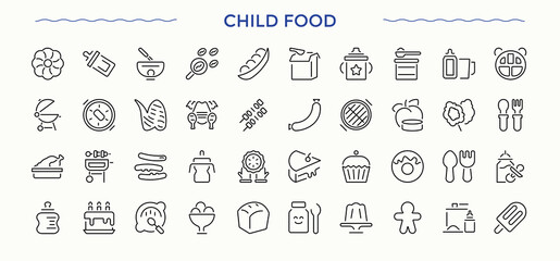 Child Food modern icon set. Featuring nourishment, babies food, cereal, feeding, meal, milk and more. Nutrition icon set. Thin UI icons. Pixel perfect. Editable stroke.