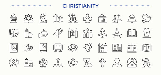 Christianity Religion icon set. Contain linear symbols pray, spirit, prayer, catholicism, christ. Church modern icon set. Minimal thin line web icons set. Vector collections.